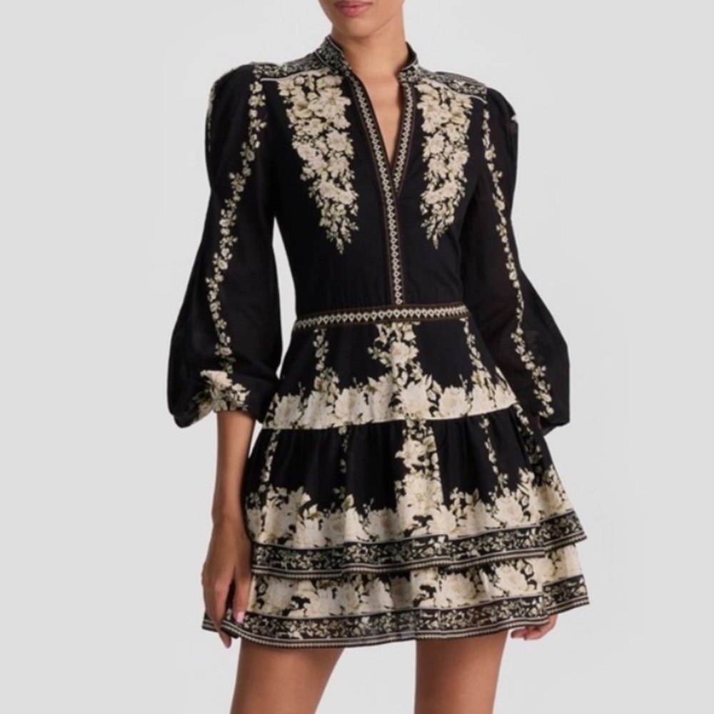 Alice + Olivia Black and Cream Floral Embroidered Mini Dress